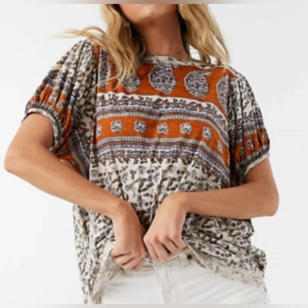 FREE PEOPLE Paisley Puff Sleeve Swing Top Boho Oversized size L